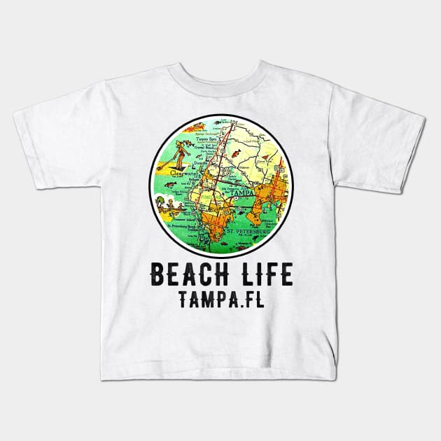 Tampa Bay Florida Vintage retro Old Map Beach Life Kids T-Shirt by Joaddo